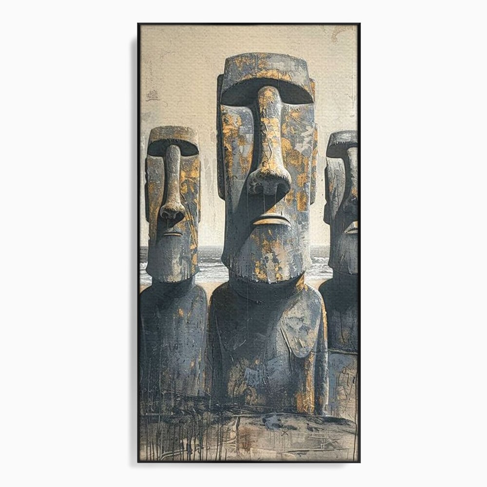 Tablou canvas cu statui moai din piatra, in rama de aluminiu negru